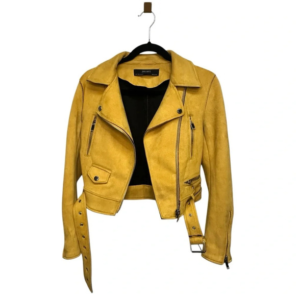 Zara Mustard Yellow Faux Suede Moto Biker Jacket with Silver Details, sz Small - Picture 3 of 6